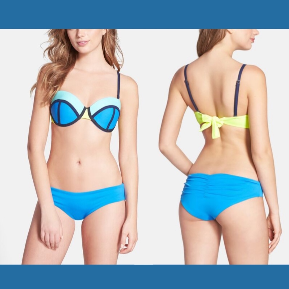 NEW 2PC Maaji Blue Rubik Colorblock Bandeau Top +.Bikini Bottom [‎ Medium ]